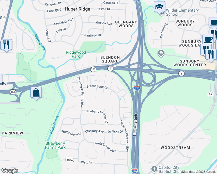 map of restaurants, bars, coffee shops, grocery stores, and more near 5305 Wood Lilly Court in Columbus