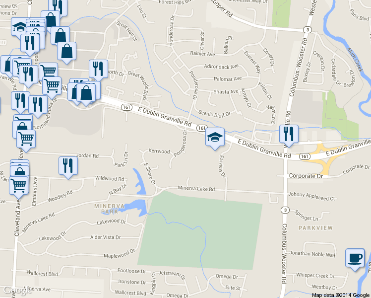 map of restaurants, bars, coffee shops, grocery stores, and more near 3016 Carleton Court in Columbus