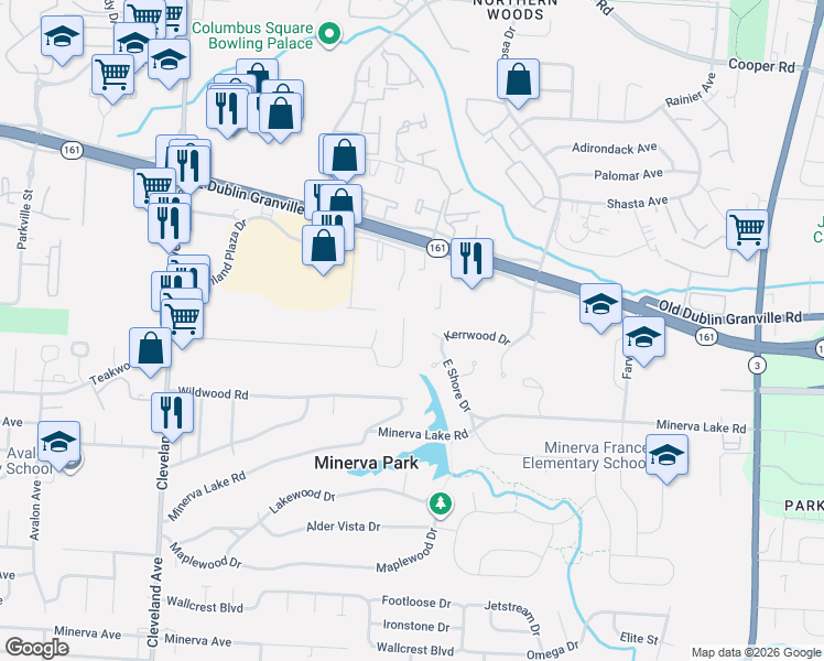 map of restaurants, bars, coffee shops, grocery stores, and more near 5349 Park Lane Drive in Columbus