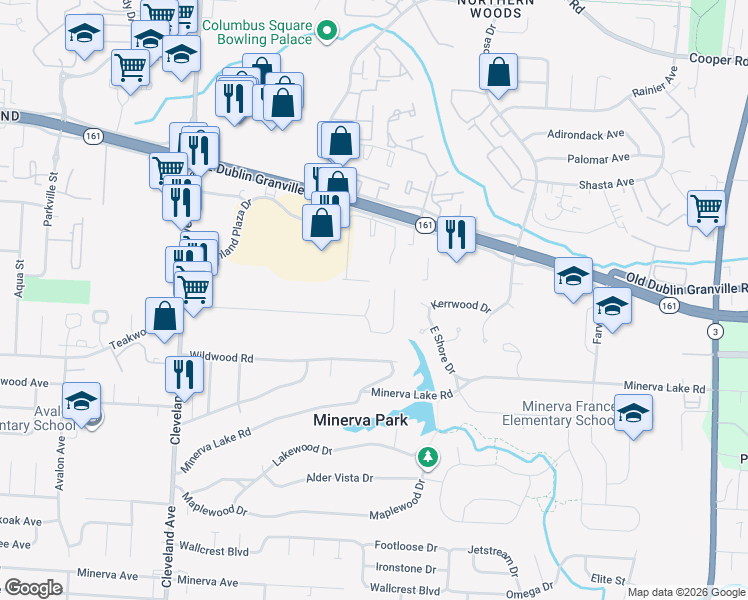 map of restaurants, bars, coffee shops, grocery stores, and more near 5349 Park Lane Drive in Columbus