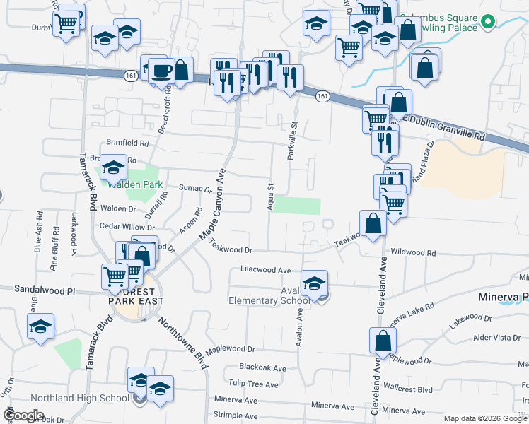 map of restaurants, bars, coffee shops, grocery stores, and more near 5427 Aqua Street in Columbus