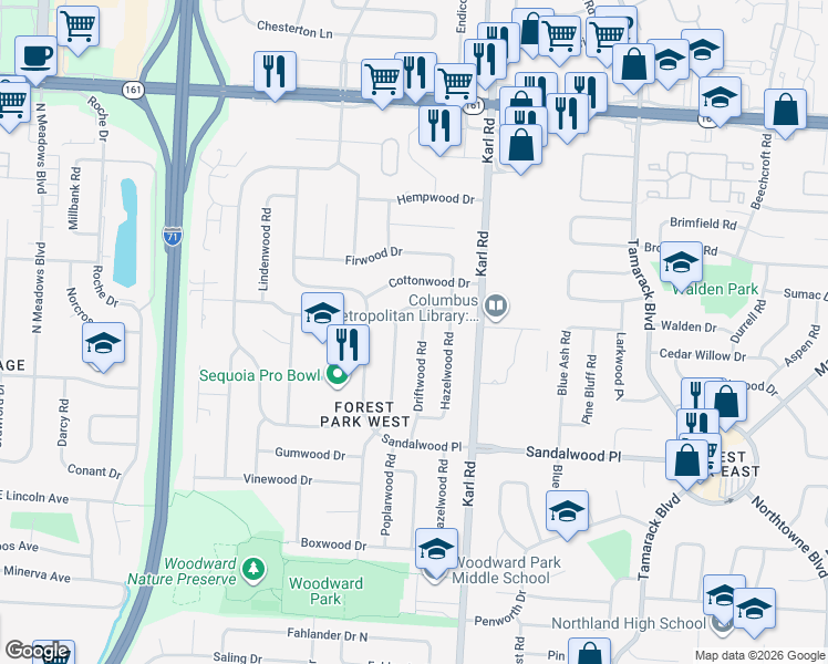 map of restaurants, bars, coffee shops, grocery stores, and more near 5537 Driftwood Road in Columbus