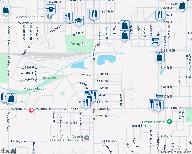 map of restaurants, bars, coffee shops, grocery stores, and more near 120 East 35th Street in Anderson
