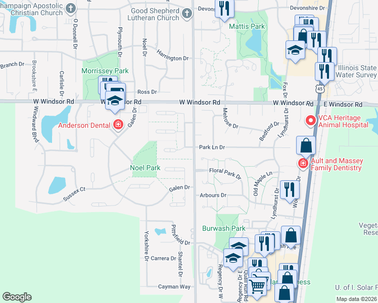 map of restaurants, bars, coffee shops, grocery stores, and more near 2603 South Nottingham Court in Champaign
