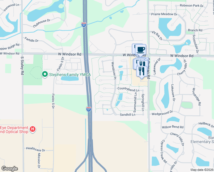 map of restaurants, bars, coffee shops, grocery stores, and more near 3403 Country Bend Pl in Champaign