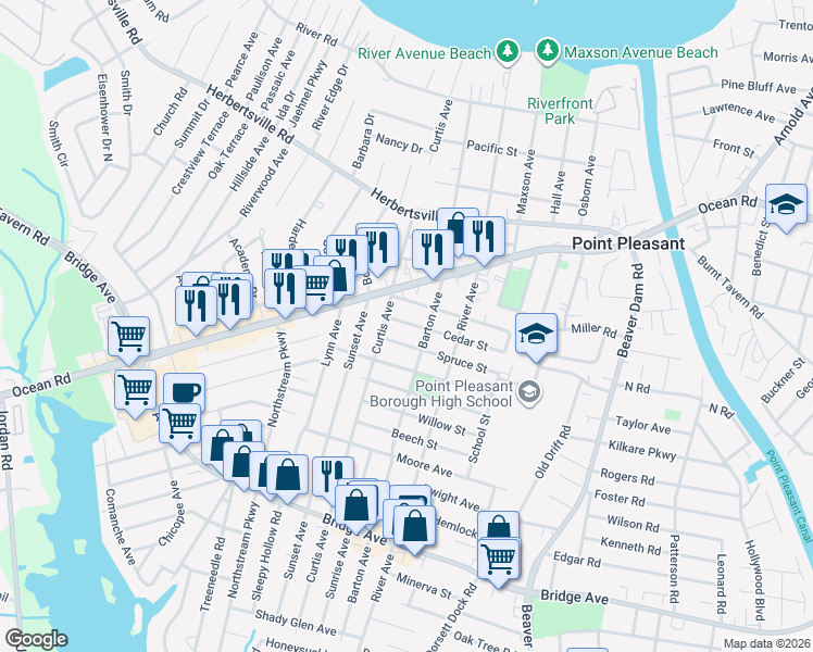 map of restaurants, bars, coffee shops, grocery stores, and more near 2611 Spruce Street in Point Pleasant