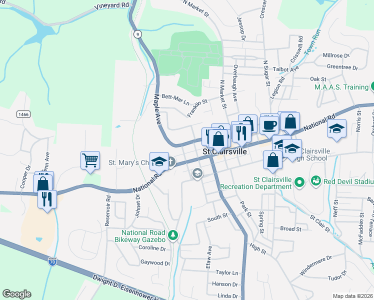 map of restaurants, bars, coffee shops, grocery stores, and more near 108 North Butler Street in Saint Clairsville