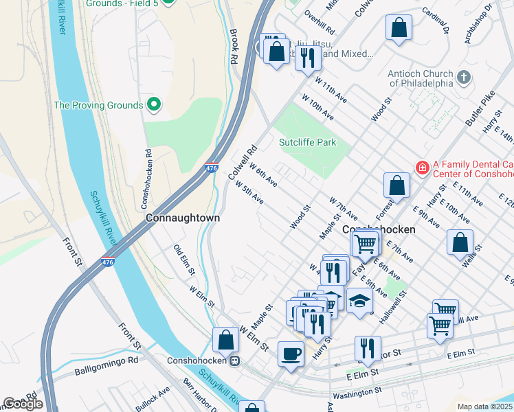 map of restaurants, bars, coffee shops, grocery stores, and more near 351 West 5th Avenue in Conshohocken