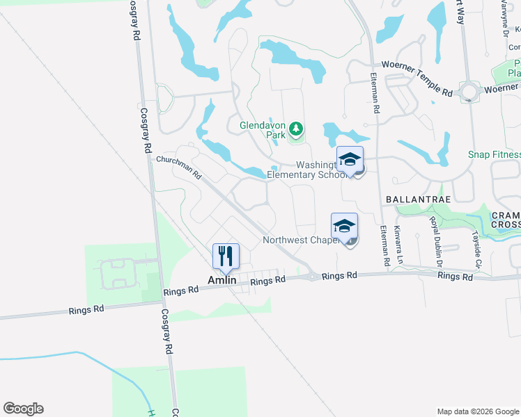 map of restaurants, bars, coffee shops, grocery stores, and more near 5651 Montridge Lane in Dublin