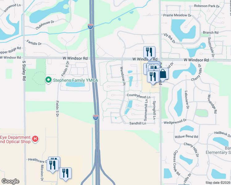map of restaurants, bars, coffee shops, grocery stores, and more near 3403 Country Bend Place in Champaign