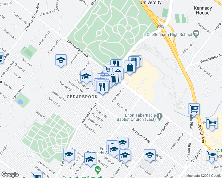 map of restaurants, bars, coffee shops, grocery stores, and more near 1600 Wadsworth Avenue in Philadelphia