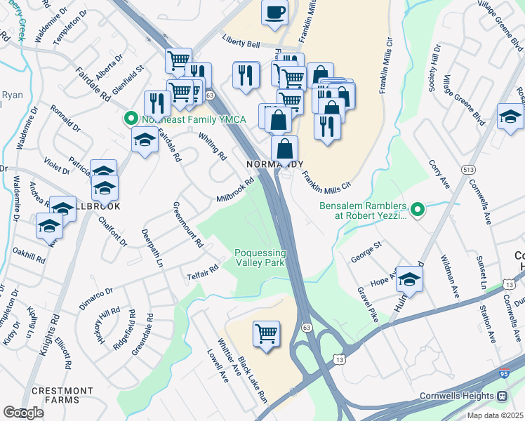 map of restaurants, bars, coffee shops, grocery stores, and more near 4413 Ernie Davis Circle in Philadelphia