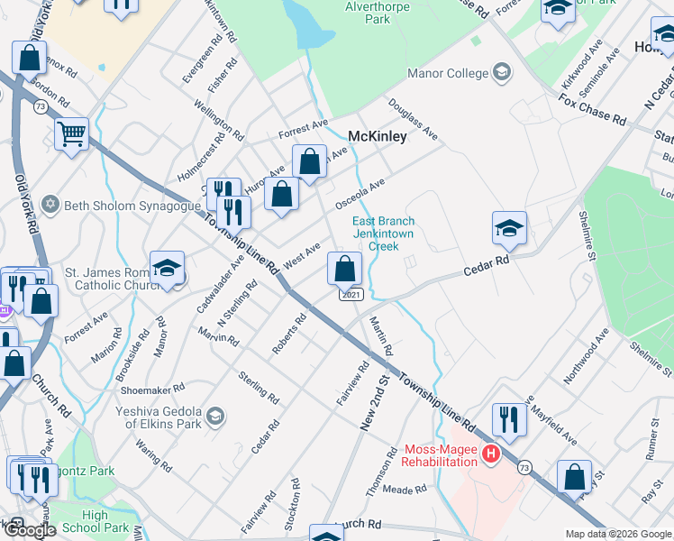 map of restaurants, bars, coffee shops, grocery stores, and more near 800 Jenkintown Road in Elkins Park