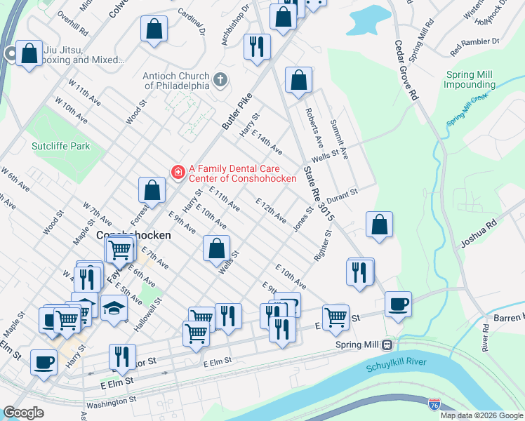 map of restaurants, bars, coffee shops, grocery stores, and more near 240 East 11th Avenue in Conshohocken