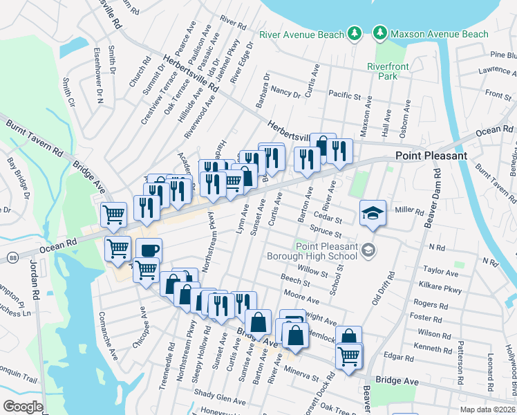 map of restaurants, bars, coffee shops, grocery stores, and more near 918 Sunset Avenue in Point Pleasant