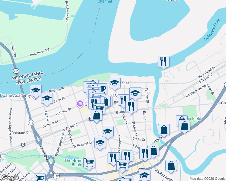 map of restaurants, bars, coffee shops, grocery stores, and more near 131 East Union Street in Burlington