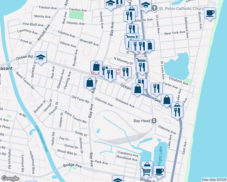 map of restaurants, bars, coffee shops, grocery stores, and more near 1218 Lister Street in Point Pleasant