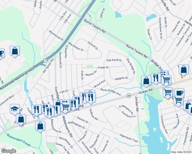 map of restaurants, bars, coffee shops, grocery stores, and more near 112 Taft Drive in Brick Township
