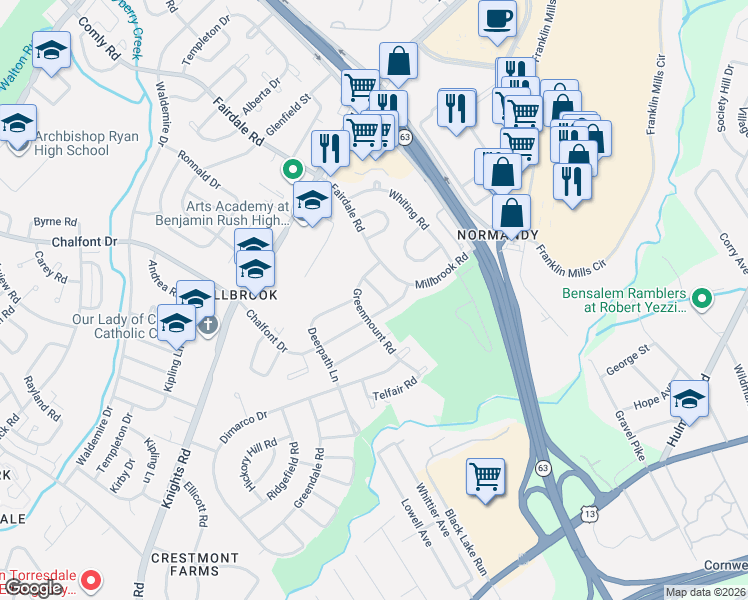 map of restaurants, bars, coffee shops, grocery stores, and more near 11802 Millbrook Road in Philadelphia