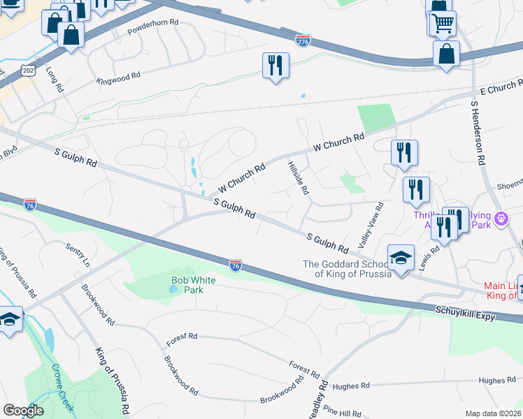 map of restaurants, bars, coffee shops, grocery stores, and more near in King of Prussia