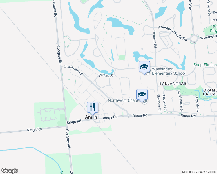 map of restaurants, bars, coffee shops, grocery stores, and more near 5651 Montridge Lane in Dublin