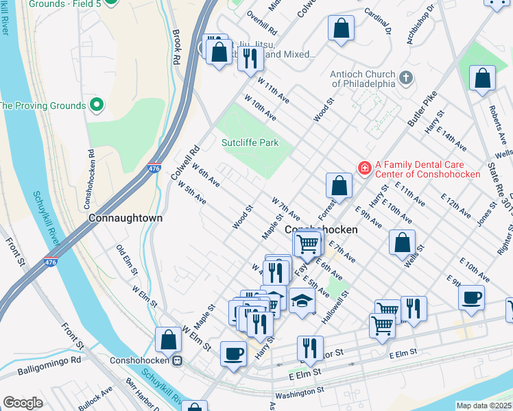 map of restaurants, bars, coffee shops, grocery stores, and more near 241 West 6th Avenue in Conshohocken
