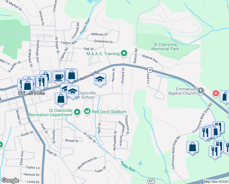 map of restaurants, bars, coffee shops, grocery stores, and more near 113 1/2 Norris Street in Saint Clairsville