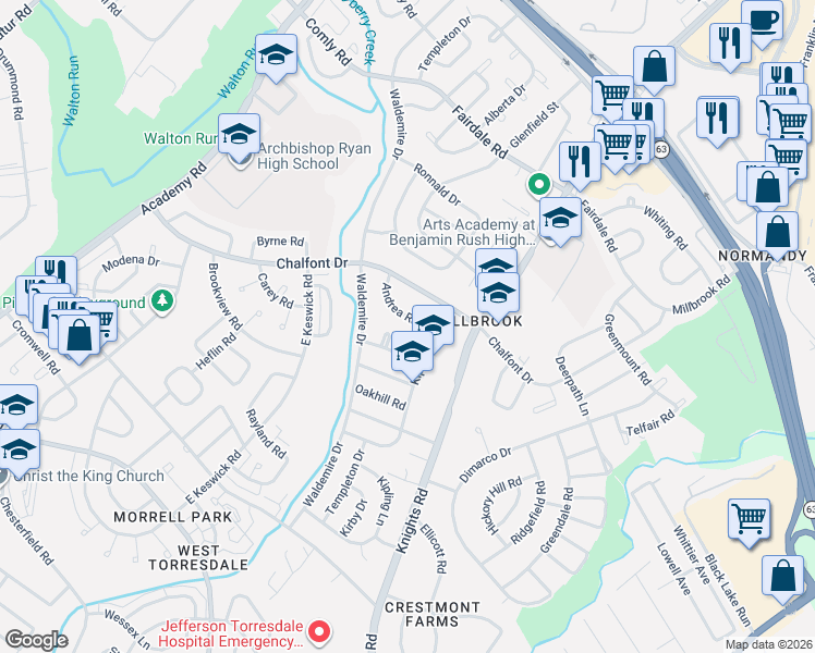 map of restaurants, bars, coffee shops, grocery stores, and more near 3811 Millbrook Place in Philadelphia