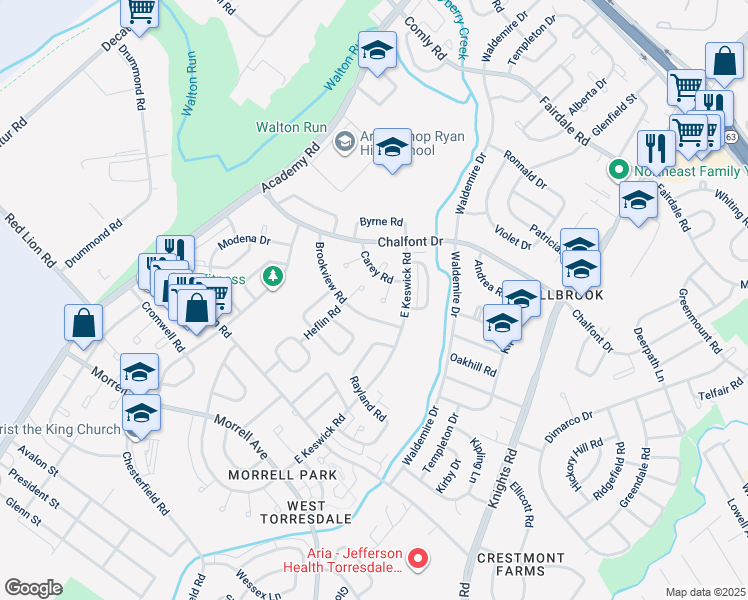 map of restaurants, bars, coffee shops, grocery stores, and more near 10908 Carey Place in Philadelphia