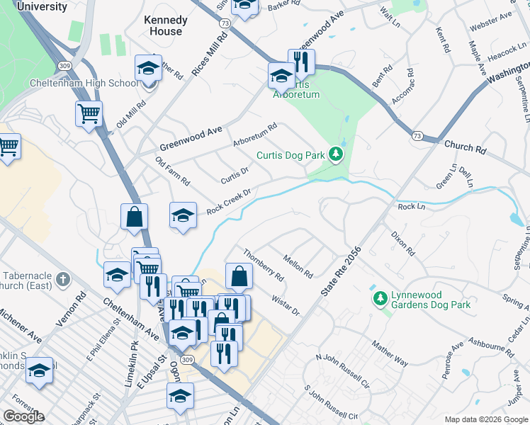 map of restaurants, bars, coffee shops, grocery stores, and more near 7760 Green Valley Road in Wyncote