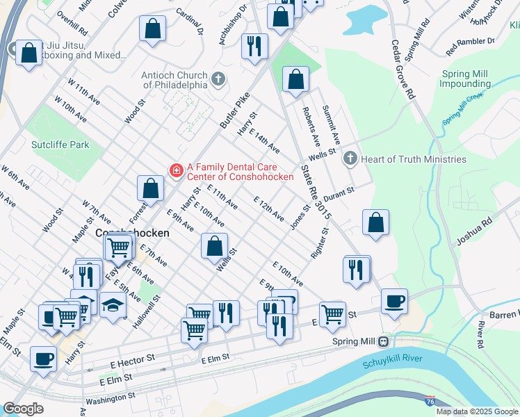 map of restaurants, bars, coffee shops, grocery stores, and more near 247 East 12th Avenue in Conshohocken