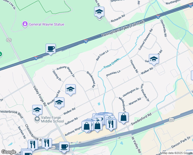map of restaurants, bars, coffee shops, grocery stores, and more near 257 Brookmead Road in Wayne