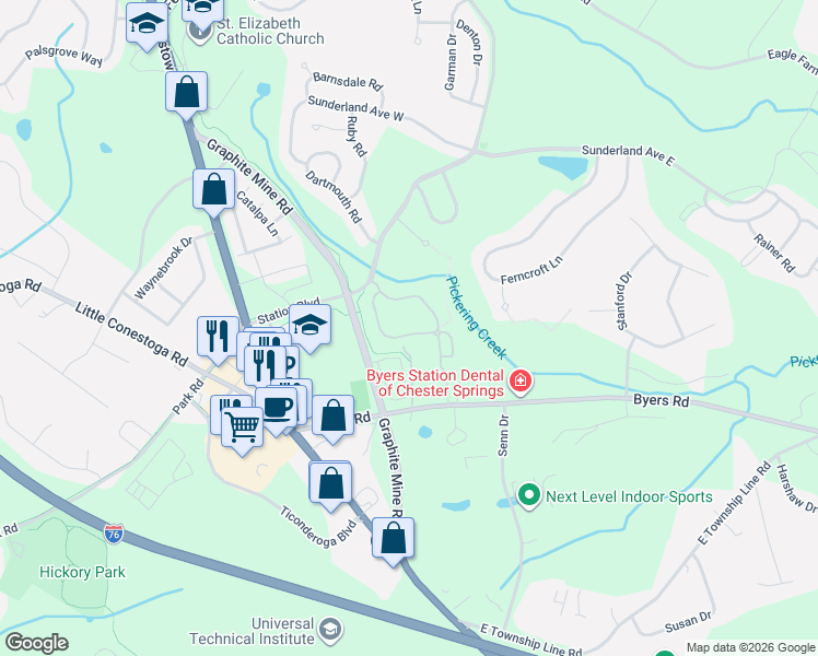 map of restaurants, bars, coffee shops, grocery stores, and more near 98 Granite Lane in Chester Springs
