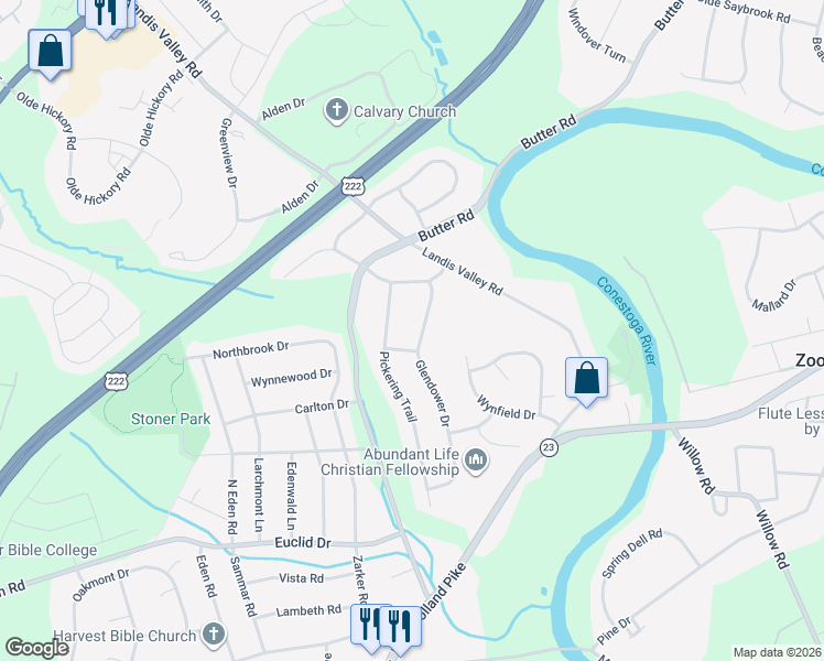 map of restaurants, bars, coffee shops, grocery stores, and more near 1976 Glendower Drive in Lancaster