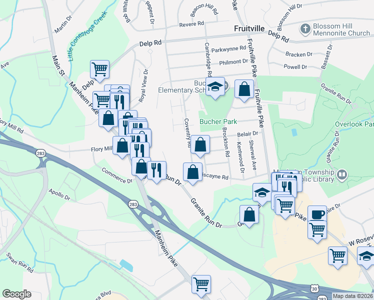 map of restaurants, bars, coffee shops, grocery stores, and more near 2145 Coventry Road in Lancaster