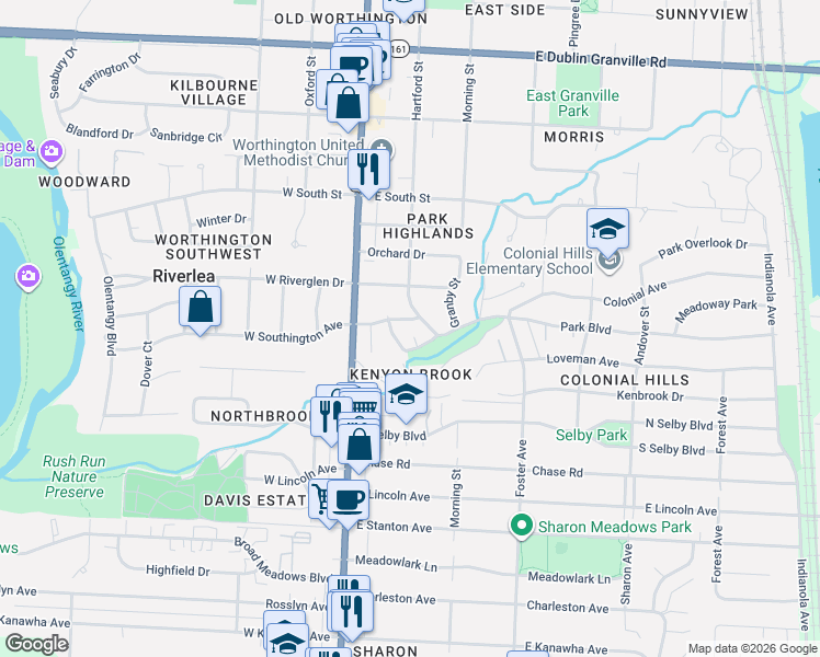 map of restaurants, bars, coffee shops, grocery stores, and more near 72 Park Boulevard in Worthington