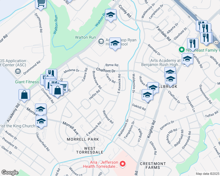 map of restaurants, bars, coffee shops, grocery stores, and more near 10908 Carey Place in Philadelphia