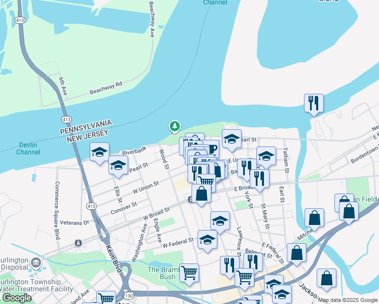 map of restaurants, bars, coffee shops, grocery stores, and more near 231 High Street in Burlington