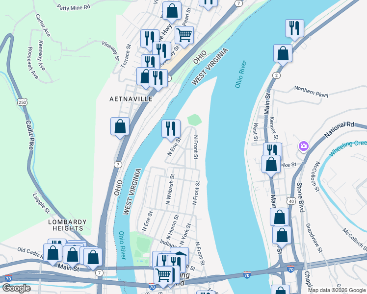 map of restaurants, bars, coffee shops, grocery stores, and more near 701 North Huron Street in Wheeling