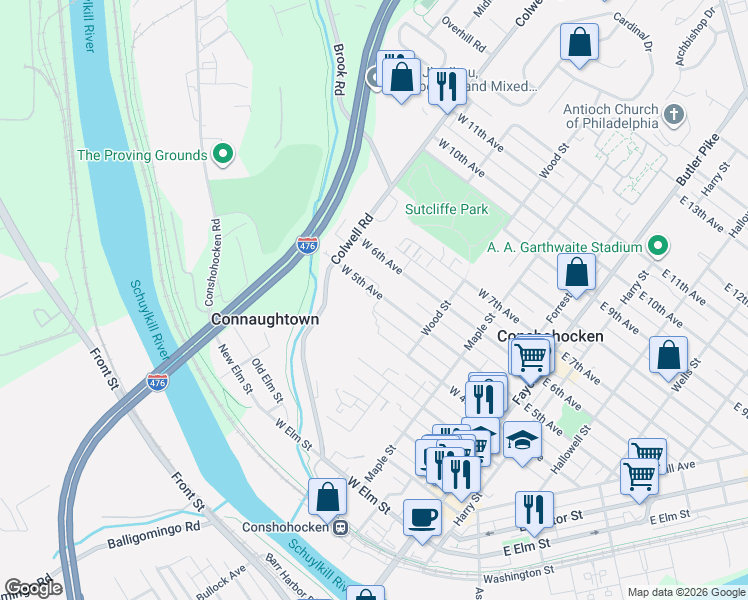 map of restaurants, bars, coffee shops, grocery stores, and more near 351 West 5th Avenue in Conshohocken