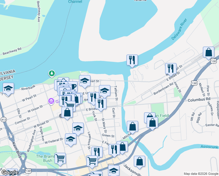 map of restaurants, bars, coffee shops, grocery stores, and more near 311 East Union Street in Burlington