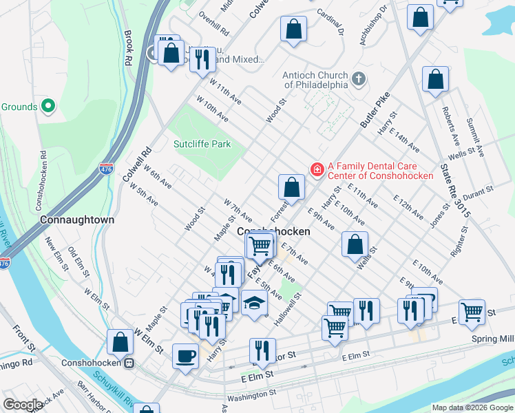 map of restaurants, bars, coffee shops, grocery stores, and more near 132 West 7th Avenue in Conshohocken