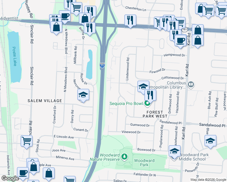 map of restaurants, bars, coffee shops, grocery stores, and more near 5590 Ironwood Court in Columbus