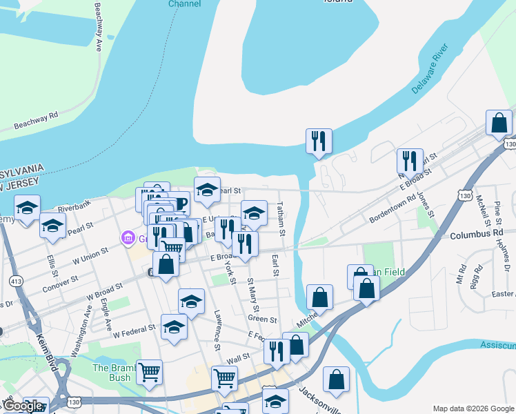map of restaurants, bars, coffee shops, grocery stores, and more near 311 East Union Street in Burlington