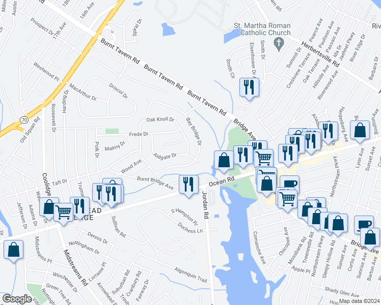 map of restaurants, bars, coffee shops, grocery stores, and more near 2 Aldgate Drive in Brick Township