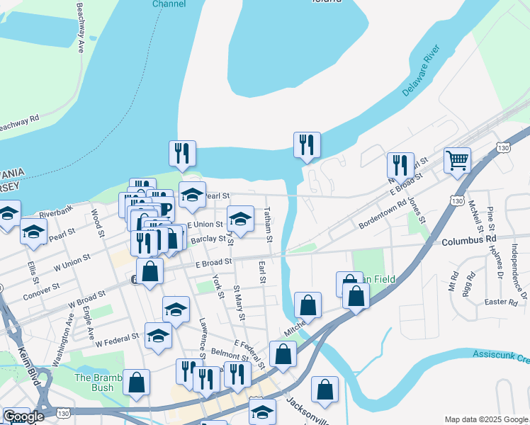 map of restaurants, bars, coffee shops, grocery stores, and more near 360 Penn Street in Burlington