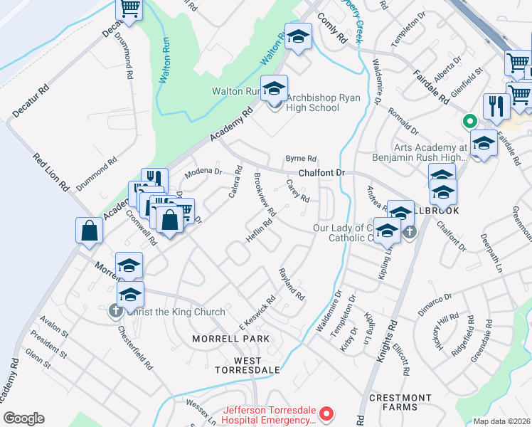 map of restaurants, bars, coffee shops, grocery stores, and more near 10827 Heflin Road in Philadelphia
