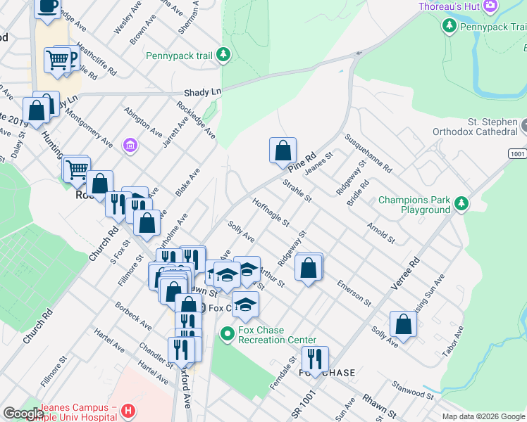 map of restaurants, bars, coffee shops, grocery stores, and more near 8240 Jeanes Street in Philadelphia