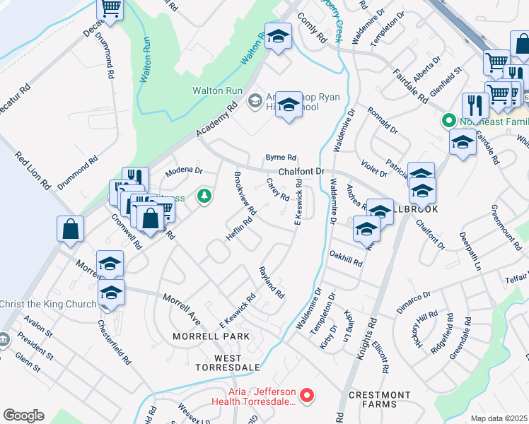 map of restaurants, bars, coffee shops, grocery stores, and more near 10909 Heflin Road in Philadelphia
