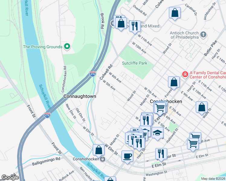 map of restaurants, bars, coffee shops, grocery stores, and more near 351 West 5th Avenue in Conshohocken